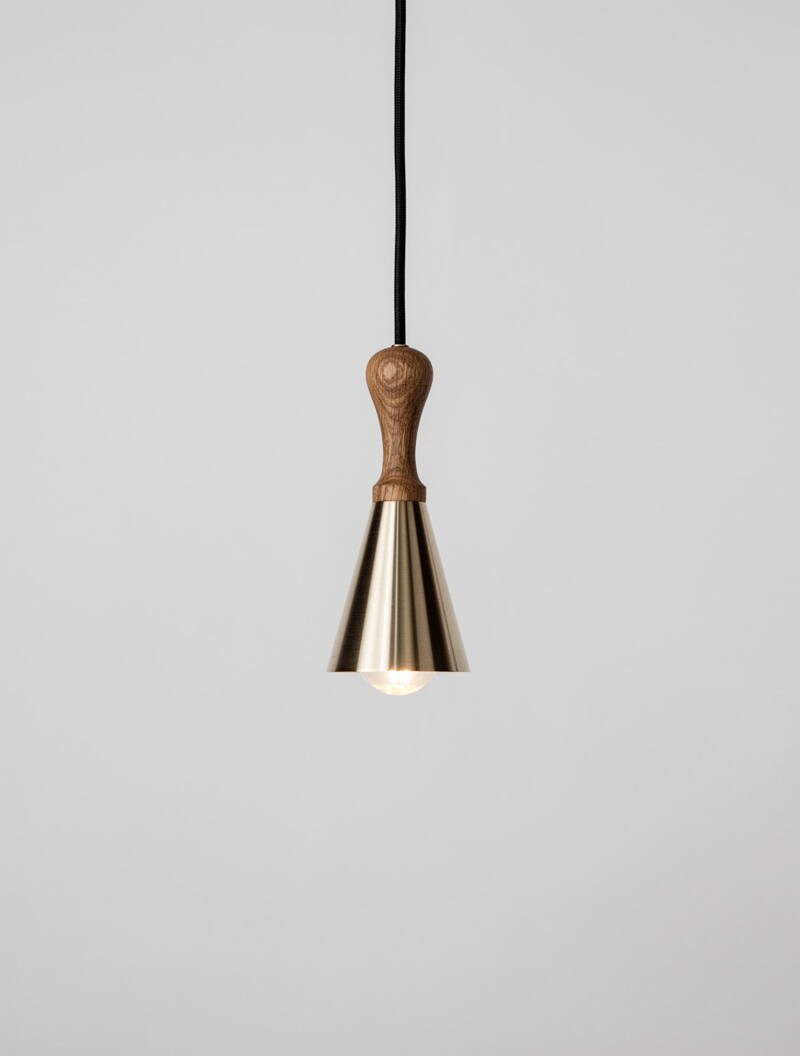 Bell Pendant shown in Brass, White Oak